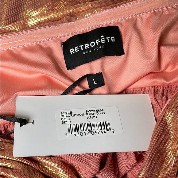 Retrofete Kaiser Strapless Ruched Pleated Metallic Apricot Mini Dress Sz L - Picture 9 of 10
